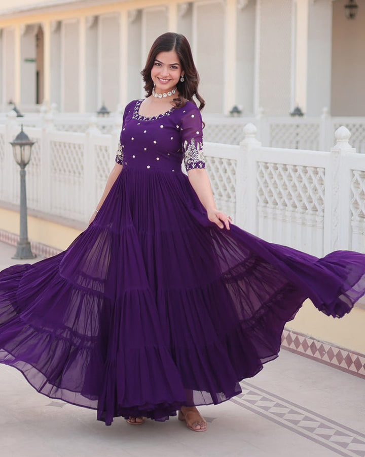 Purple Georgette Gown with Intricate Floral Embroidery and Layered Design