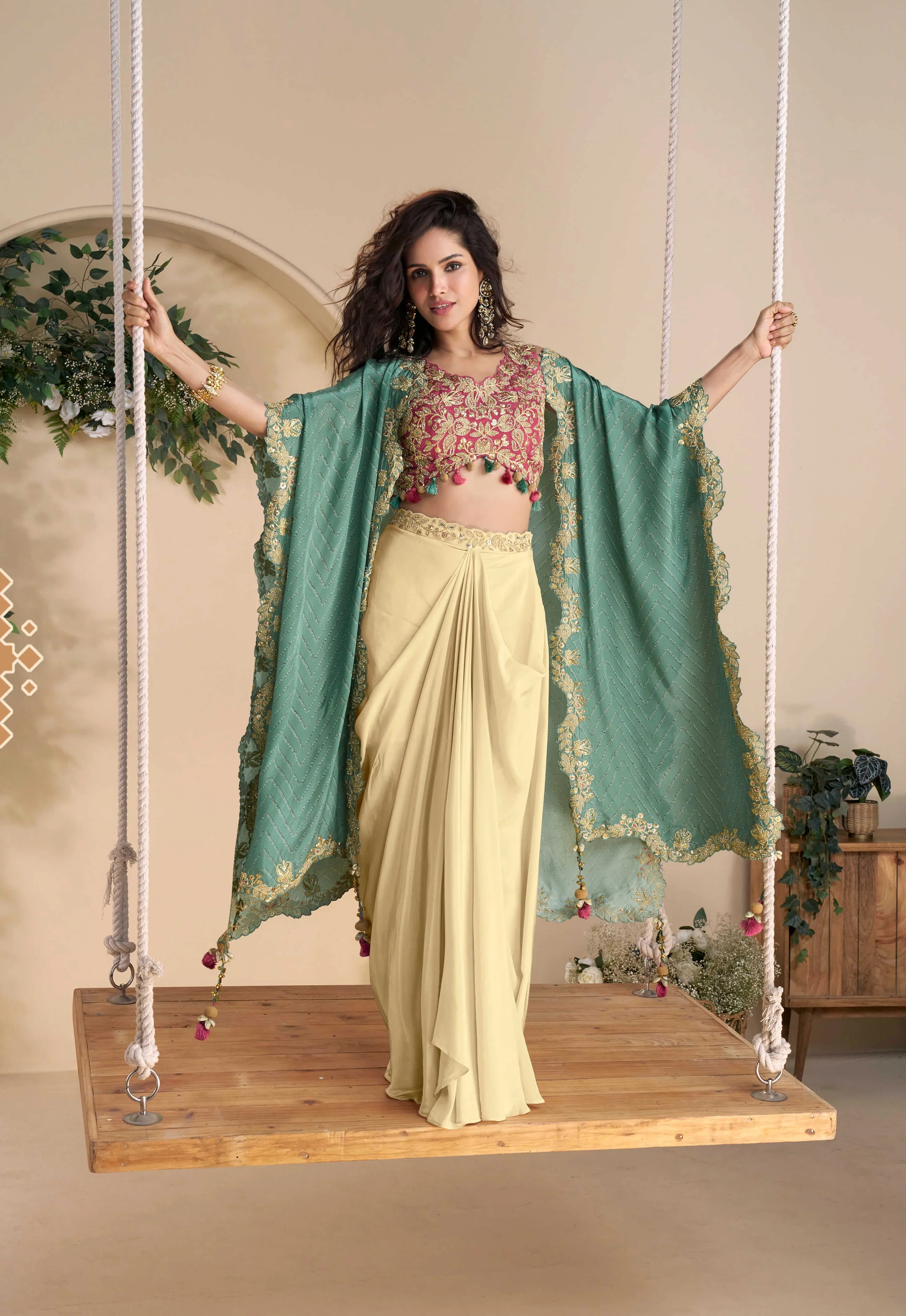 Ivory-Teal Embroidered Indo Western Set
