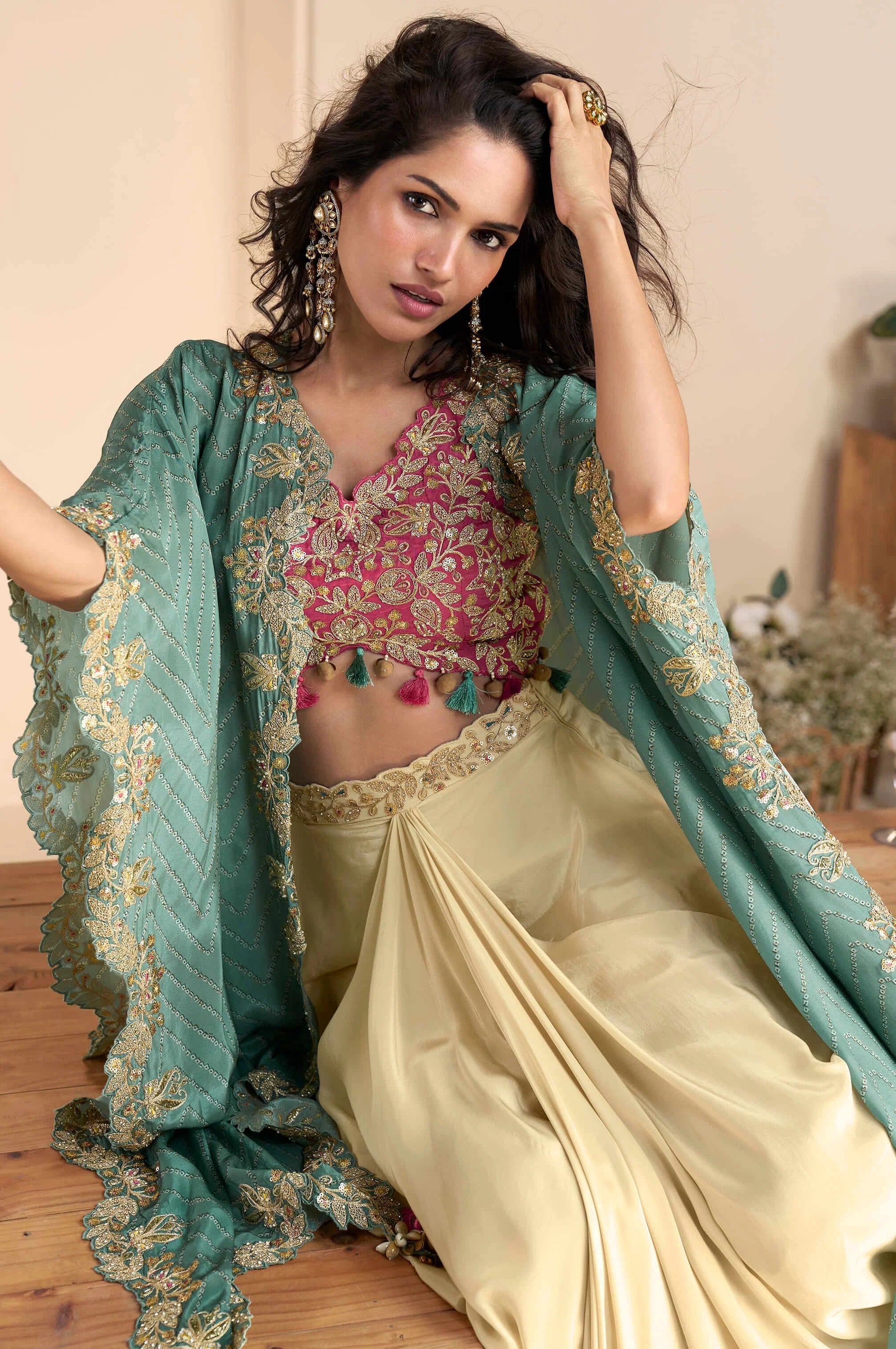 Ivory-Teal Embroidered Indo Western Set