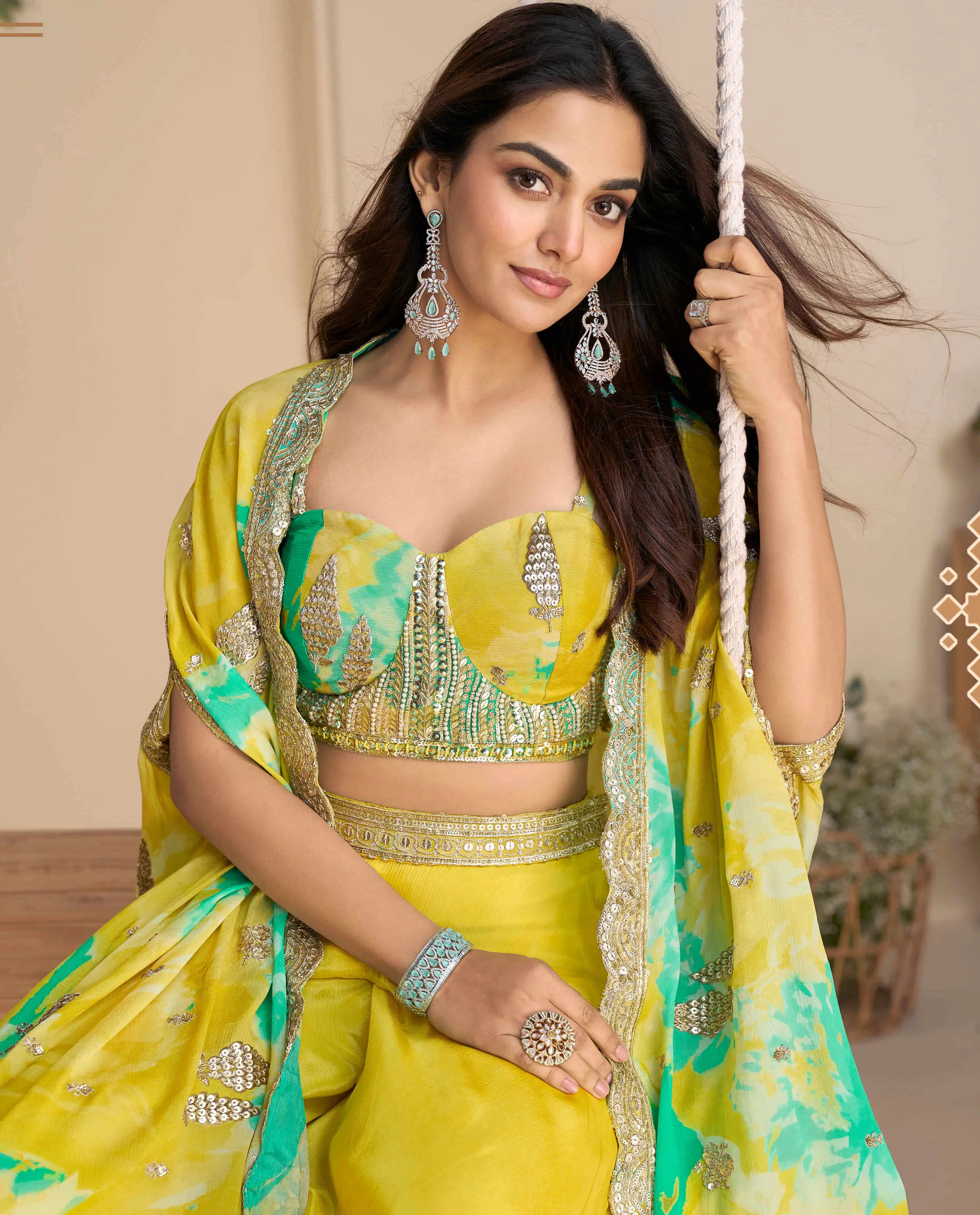 Lime Yellow Embroidered Indo Western Set