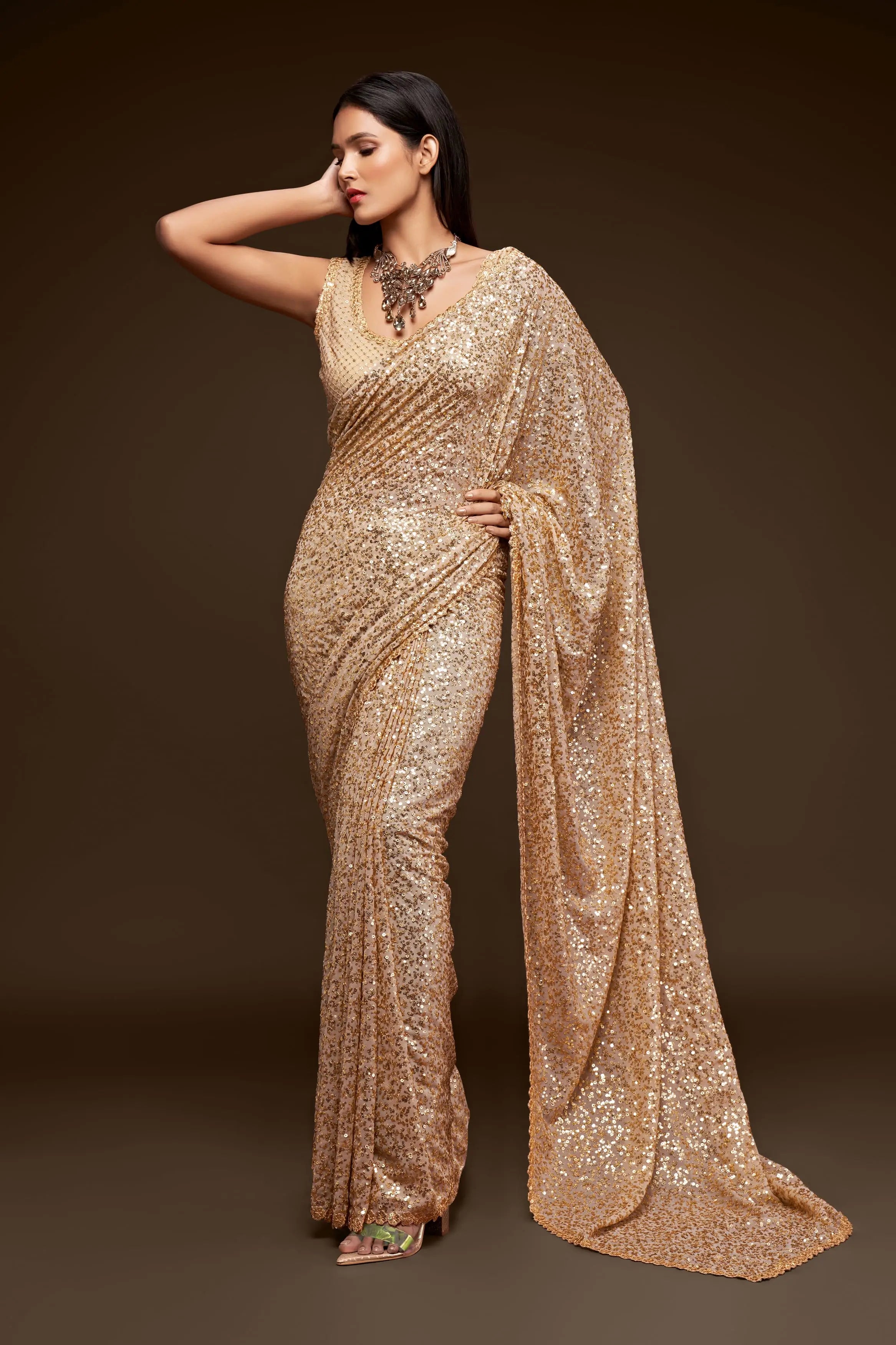 Ancient Ivory Georgette Saree with Thread And Multiple Sequins Embroidery Work - qivii