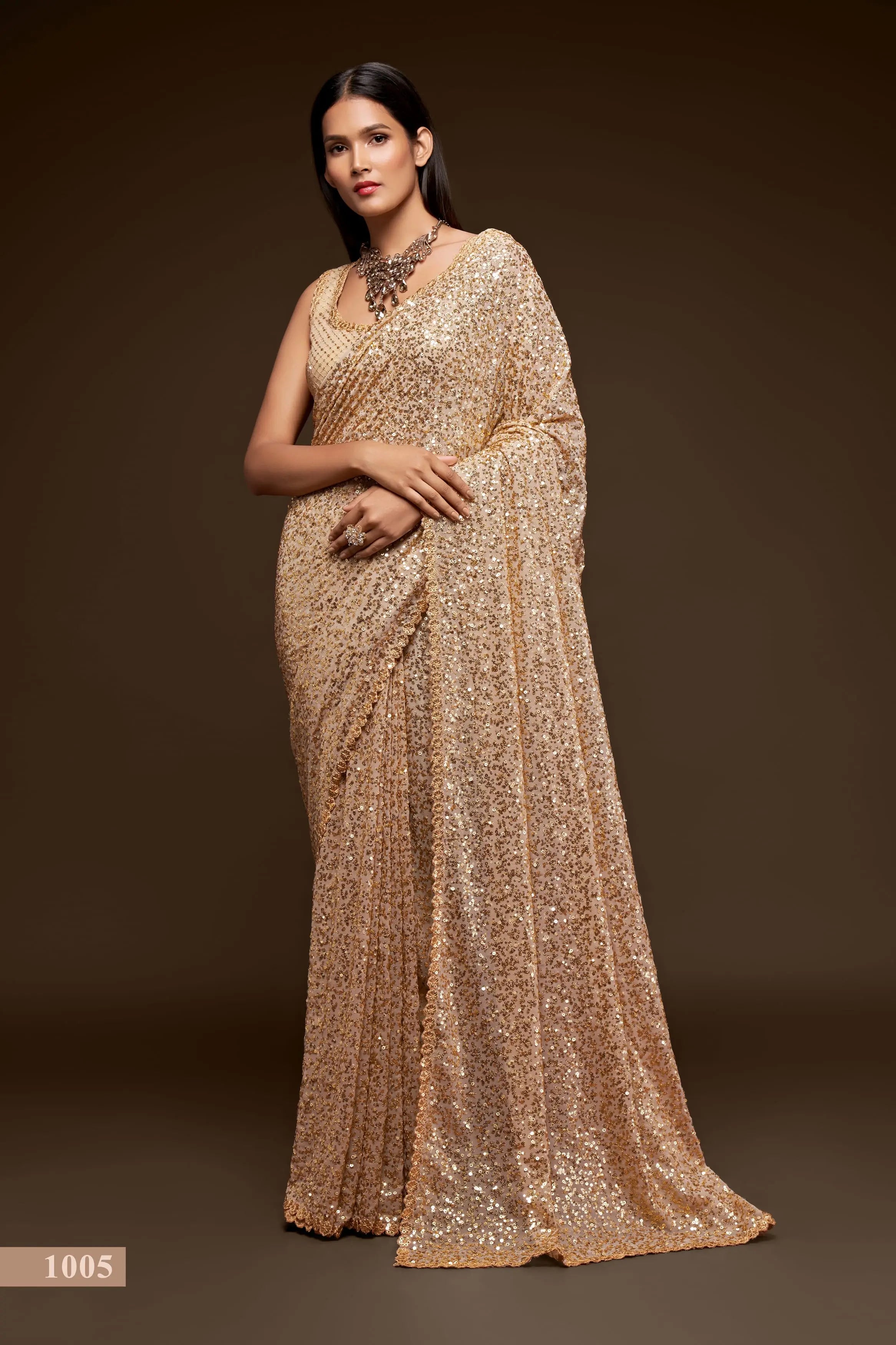Ancient Ivory Georgette Saree with Thread And Multiple Sequins Embroidery Work - qivii