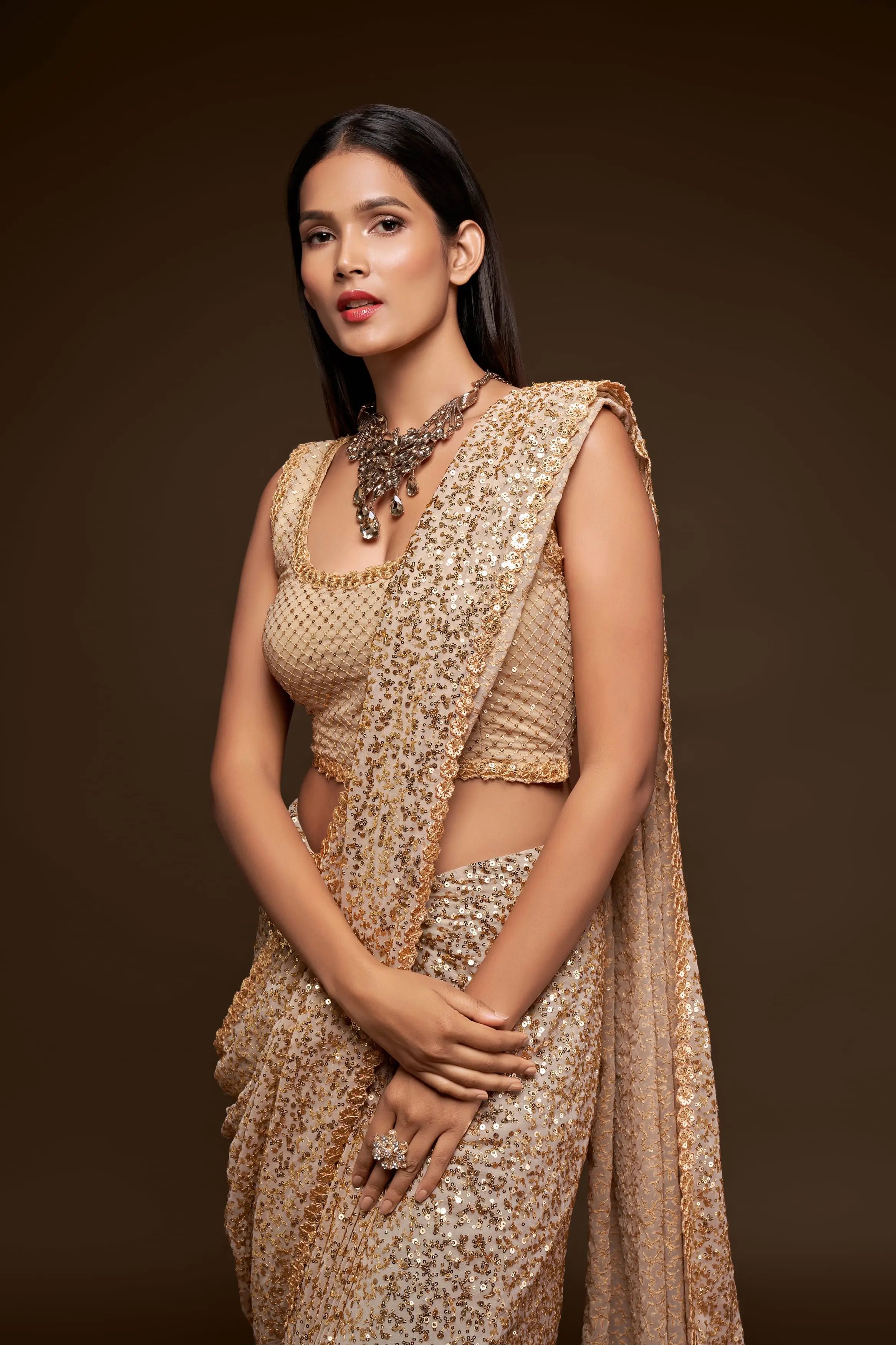 Ancient Ivory Georgette Saree with Thread And Multiple Sequins Embroidery Work - qivii
