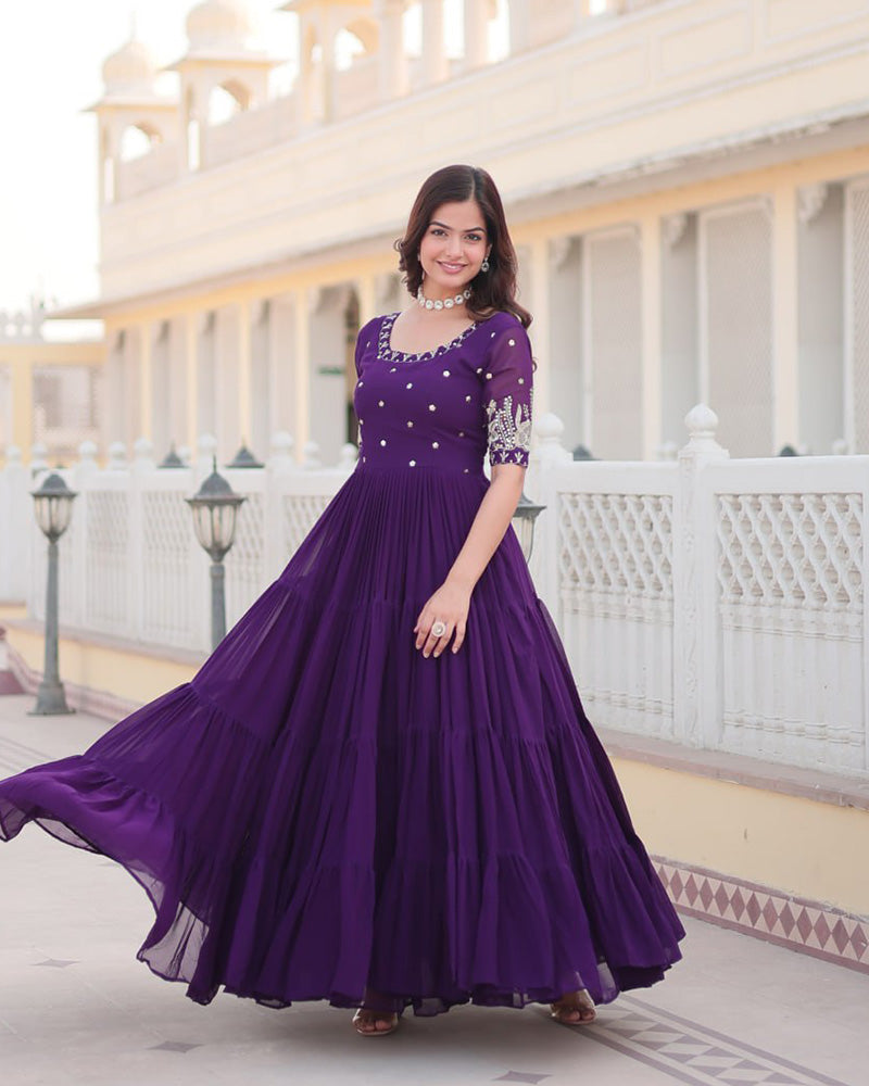 Purple Color Four Layer Georgette Embroidered Gown  - By Qivii