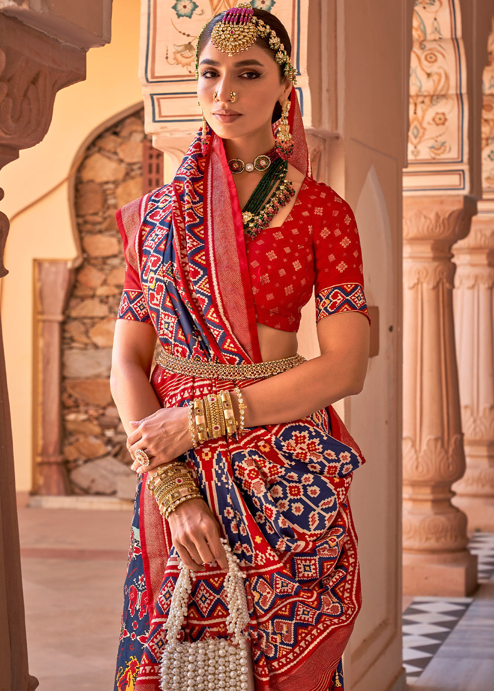 Blue & Red Printed Patola Silk Saree