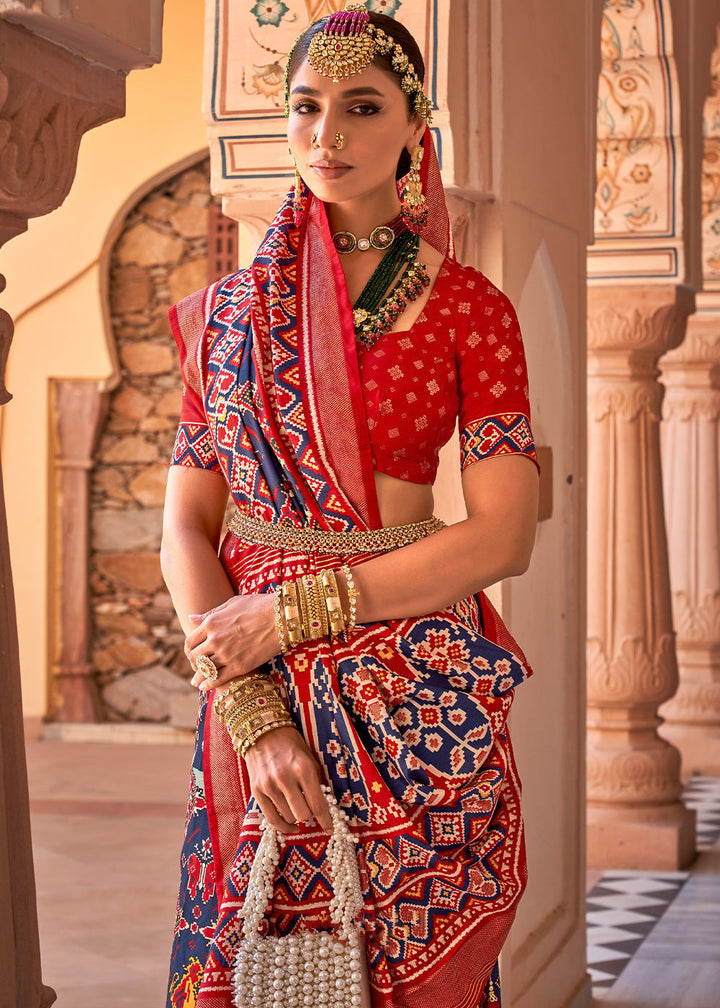 Exquisite blue and red printed Patola silk saree with traditional design