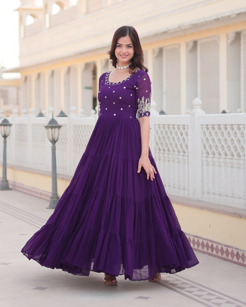 Qivii's Purple Georgette Gown with Beautiful Embroidery and Layered Design