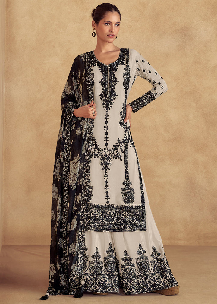 Greyish White Chinon Silk Plazzo Suit with Intricate Embroidery work