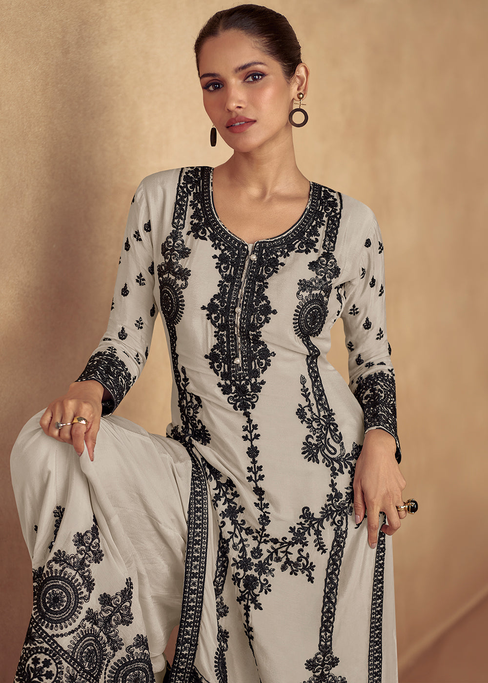 Greyish White Chinon Silk Plazzo Suit with Intricate Embroidery work