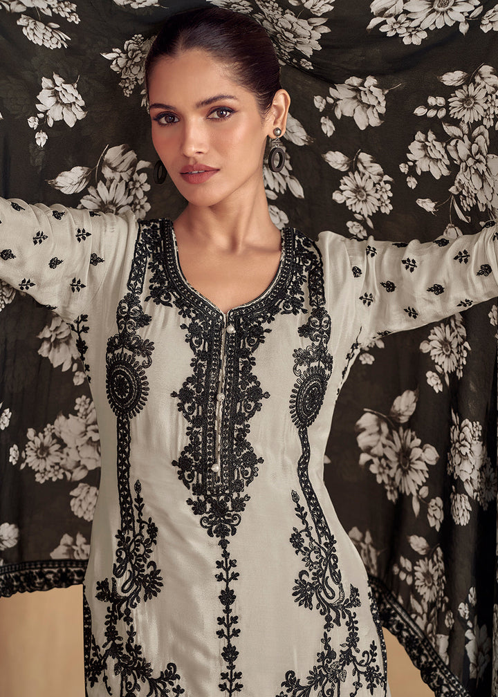 Greyish White Chinon Silk Plazzo Suit with Intricate Embroidery work