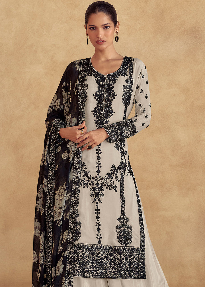 Greyish White Chinon Silk Plazzo Suit with Intricate Embroidery work