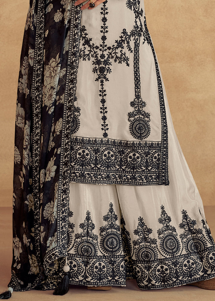 Greyish White Chinon Silk Plazzo Suit with Intricate Embroidery work