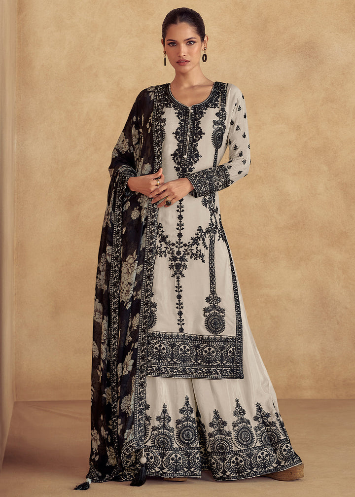 Greyish White Chinon Silk Plazzo Suit with Intricate Embroidery work