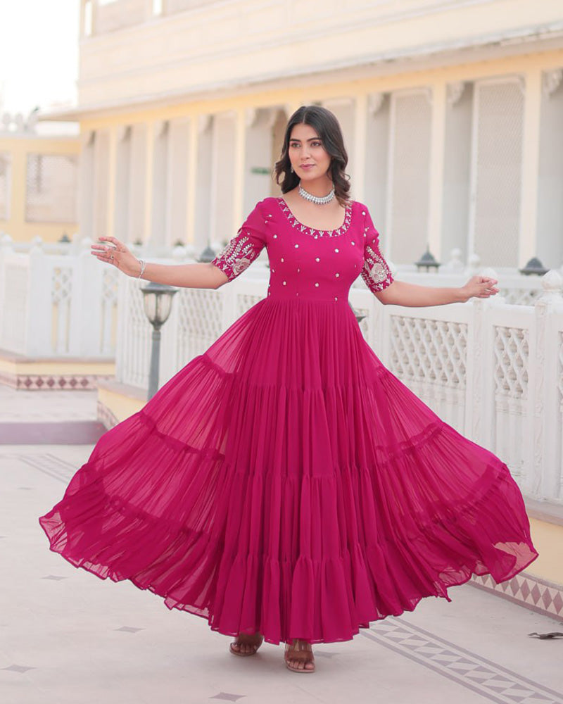 Pink Color Four Layer Georgette Embroidered Gown  - By Qivii