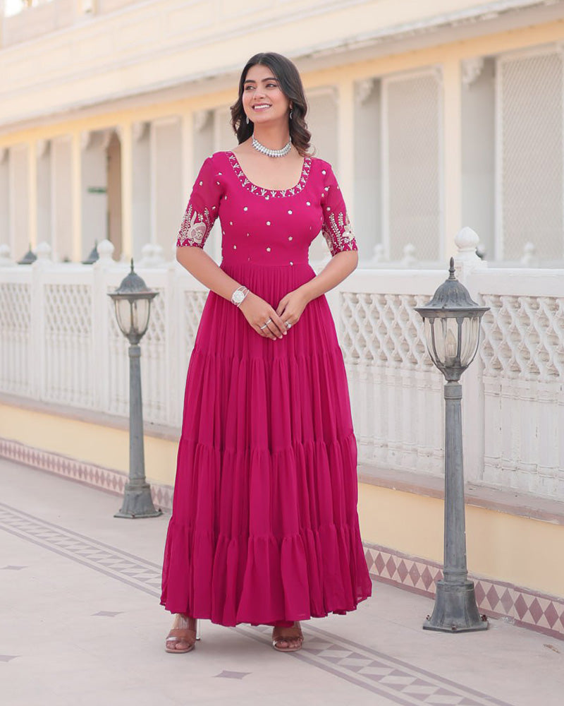 Pink Color Four Layer Georgette Embroidered Gown  - By Qivii