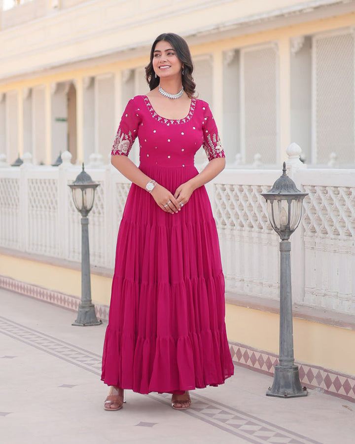 Pink Color Four Layer Georgette Embroidered Gown  - By Qivii