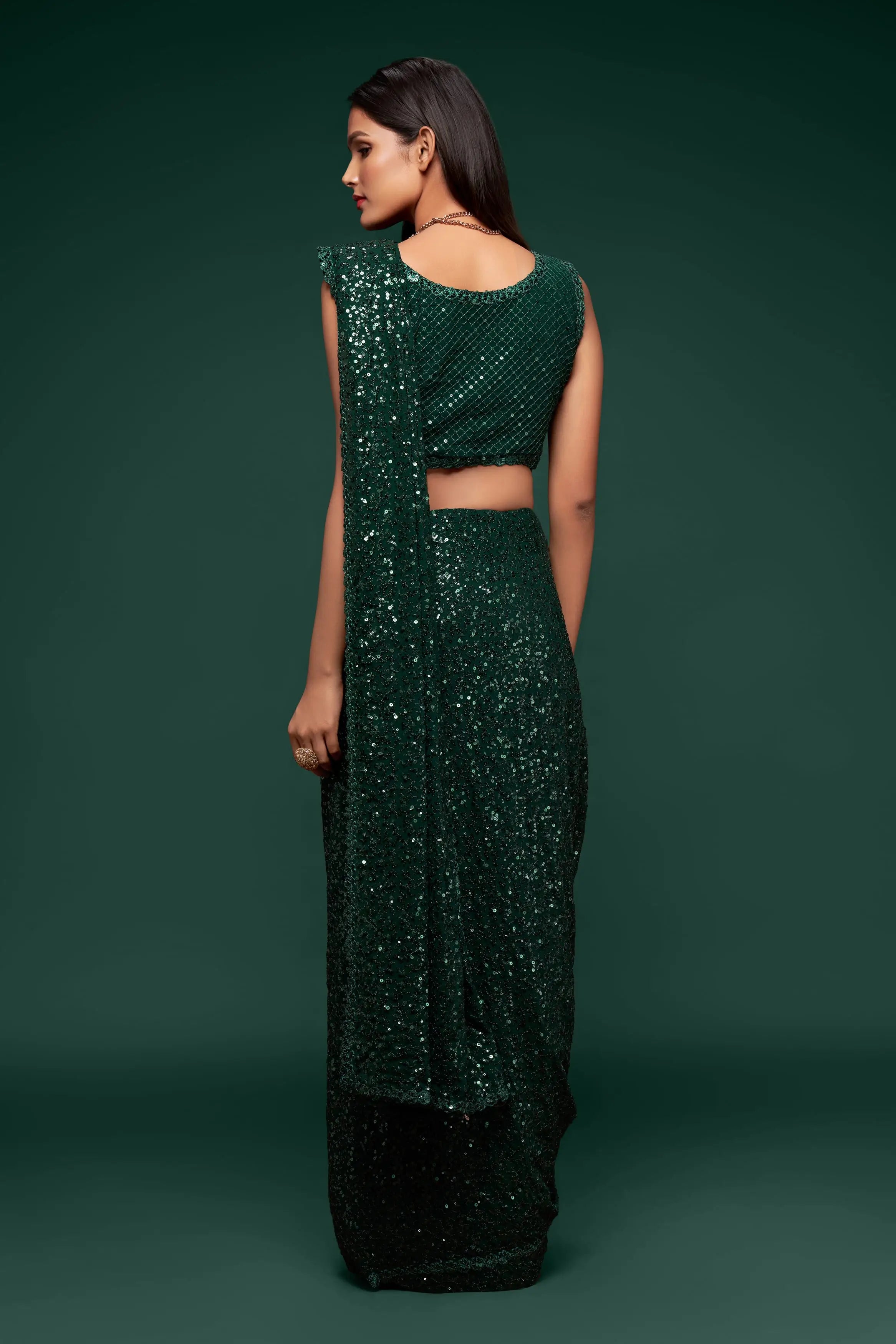Deep Green Georgette Saree with Thread And Multiple Sequins Embroidery Work