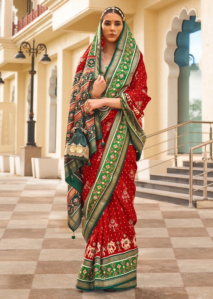 Scarlet Red & Green Printed Patola Silk Saree