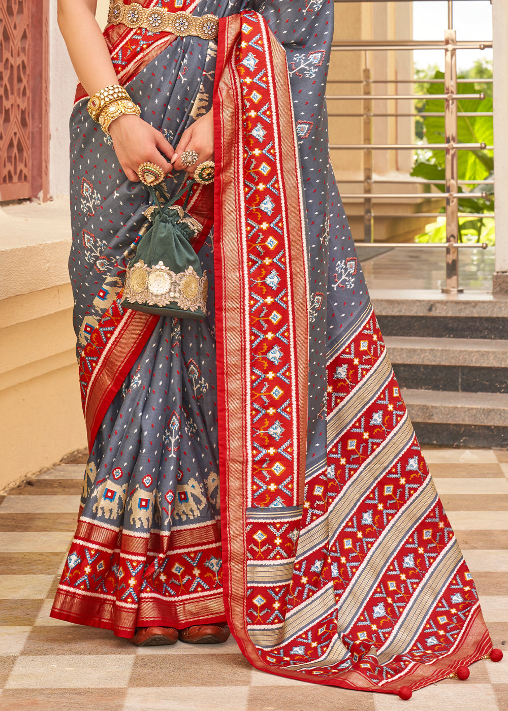 Flint Grey & Red Printed Patola Silk Saree