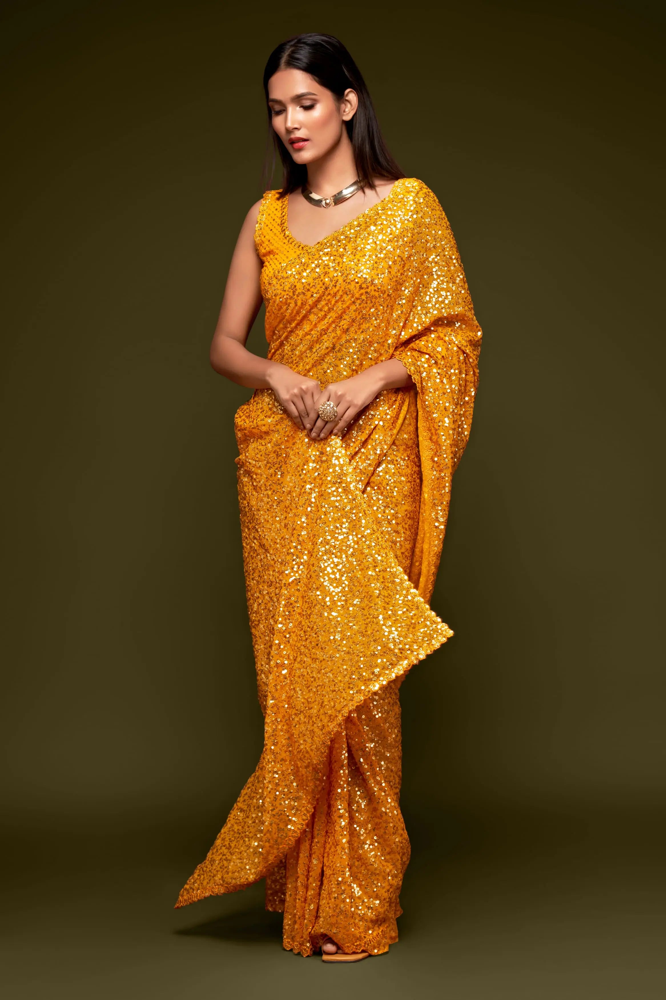 Honey Yellow Georgette with Thread And Multiple Sequins Embroidery Work - qivii