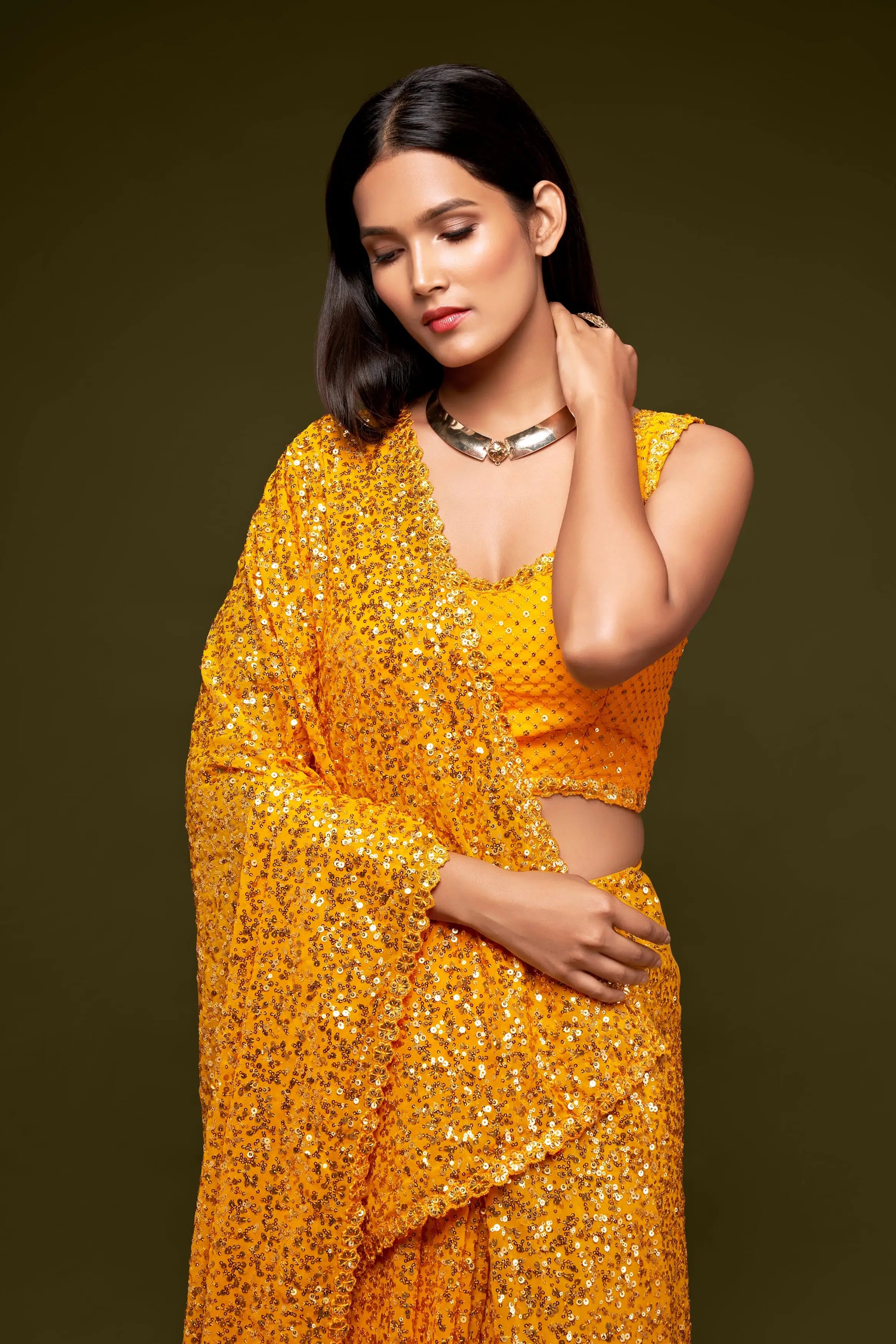 Honey Yellow Georgette with Thread And Multiple Sequins Embroidery Work - qivii