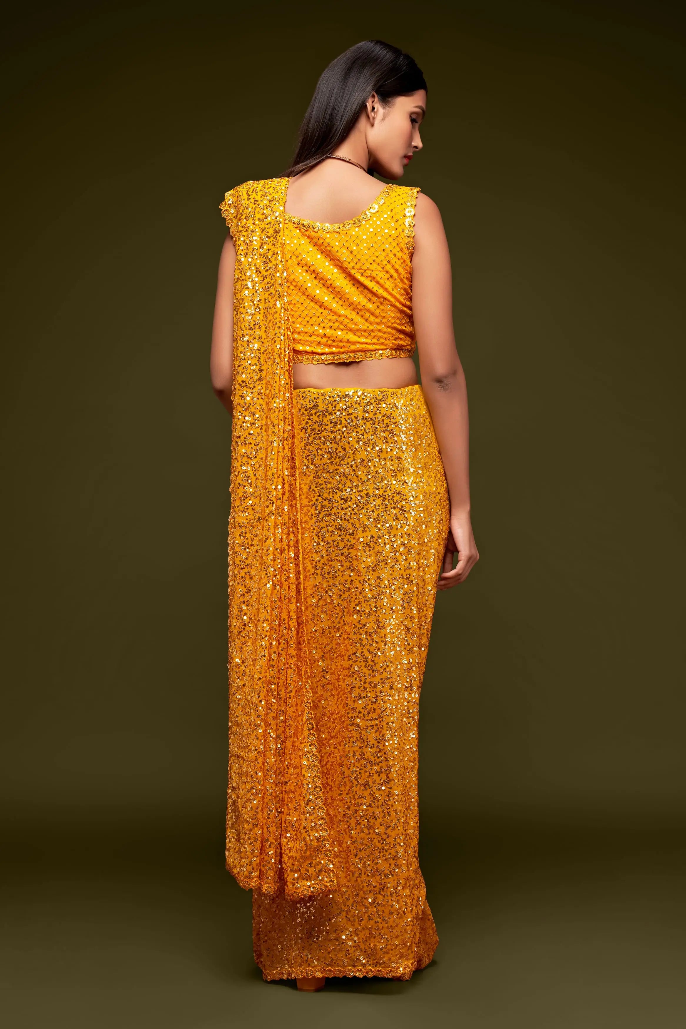 Honey Yellow Georgette with Thread And Multiple Sequins Embroidery Work - qivii