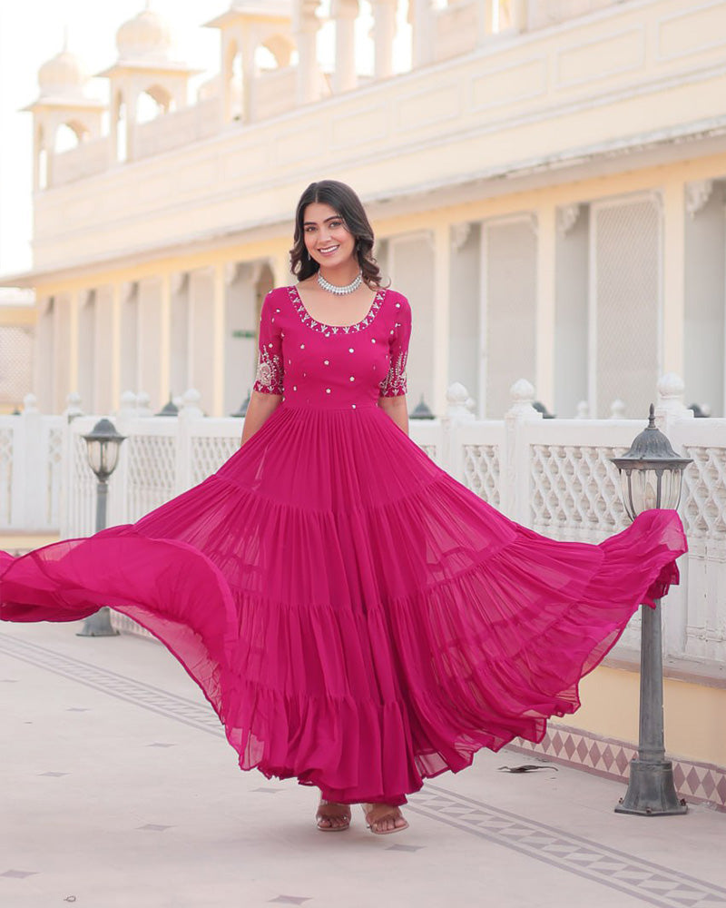 Pink Color Four Layer Georgette Embroidered Gown  - By Qivii