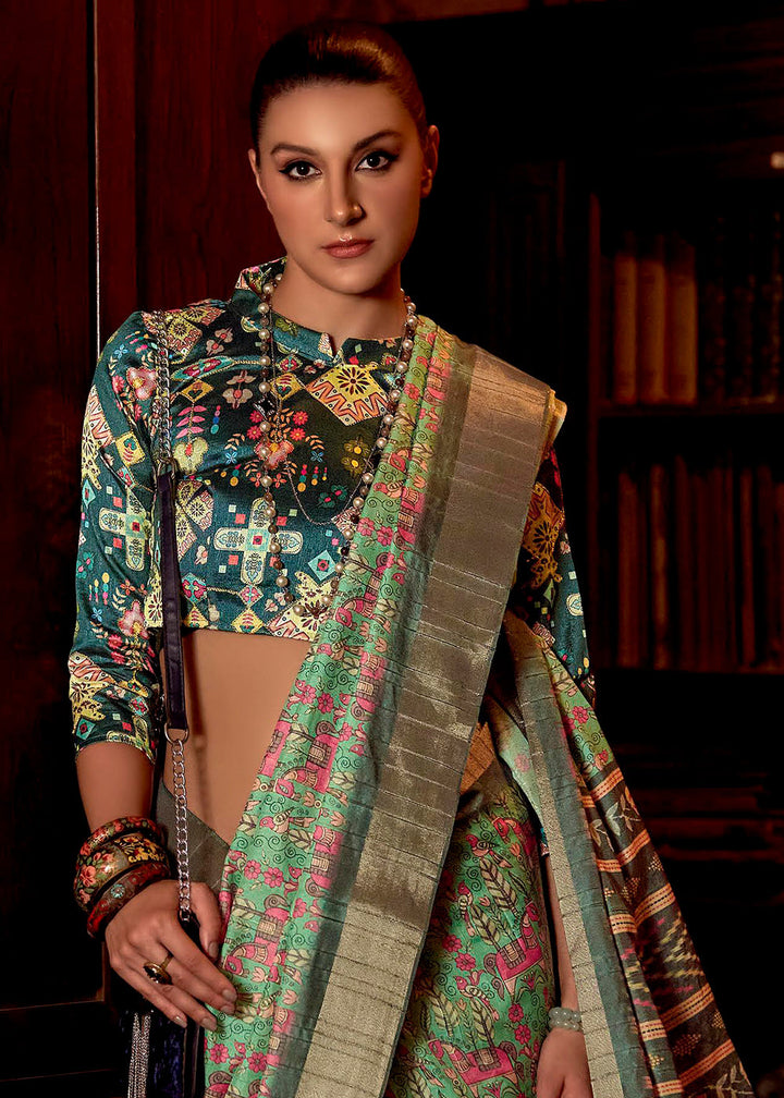 Light Green Printed Zari woven Silk Saree