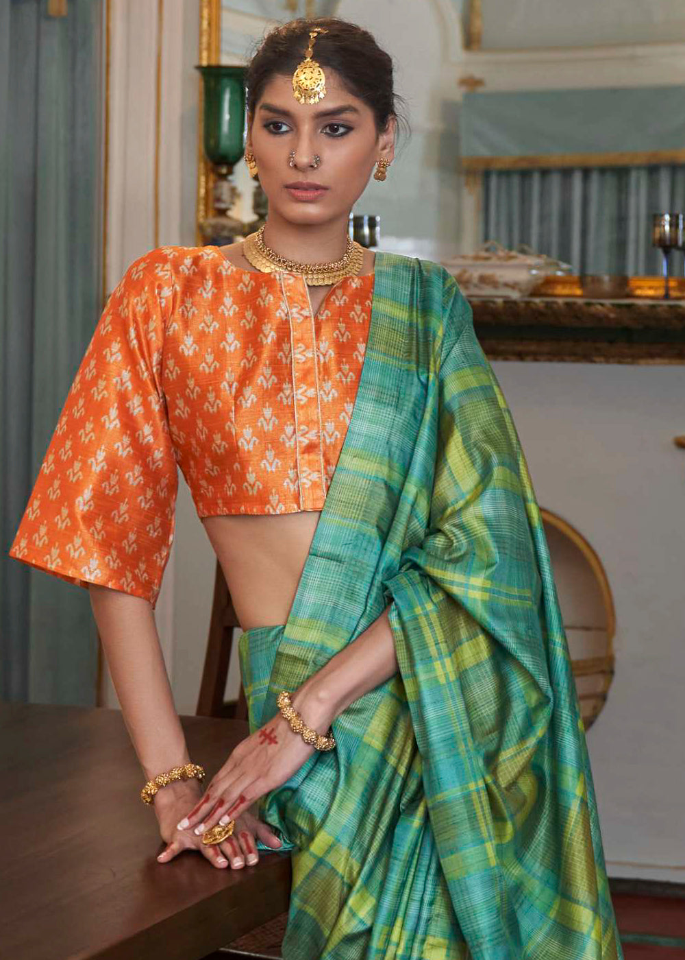 Blue & Green Printed Silk Saree