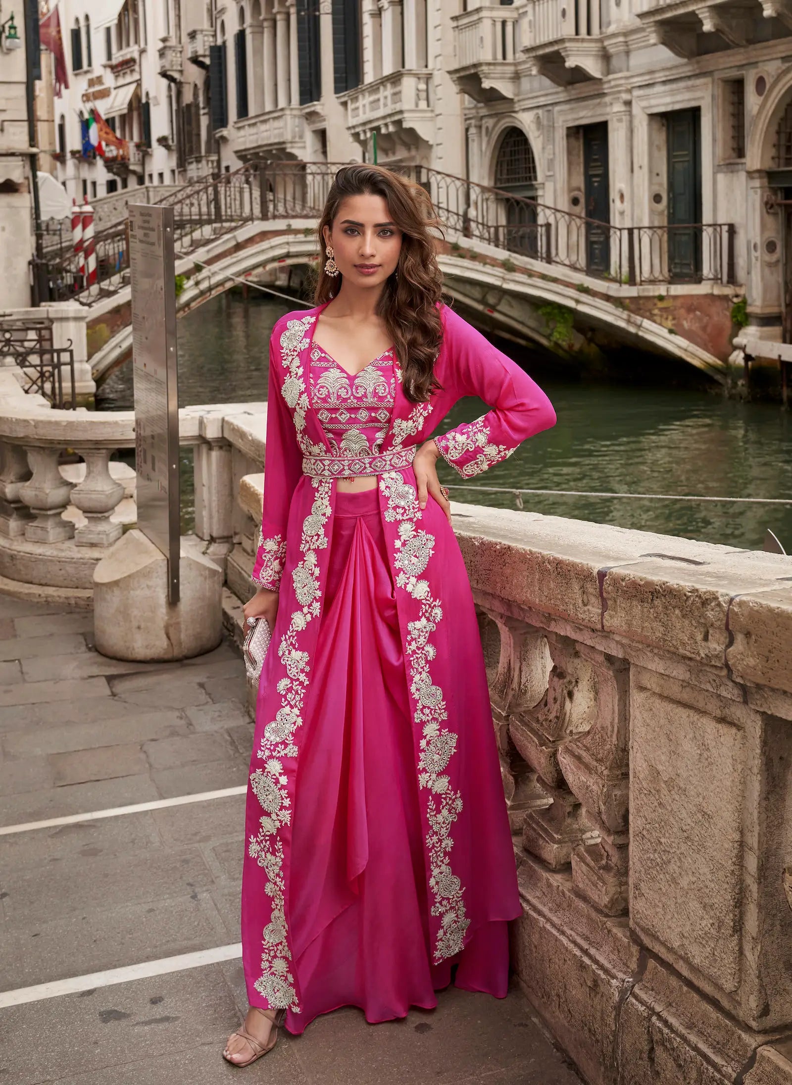 Hot Pink Embroidered Indo Western Set