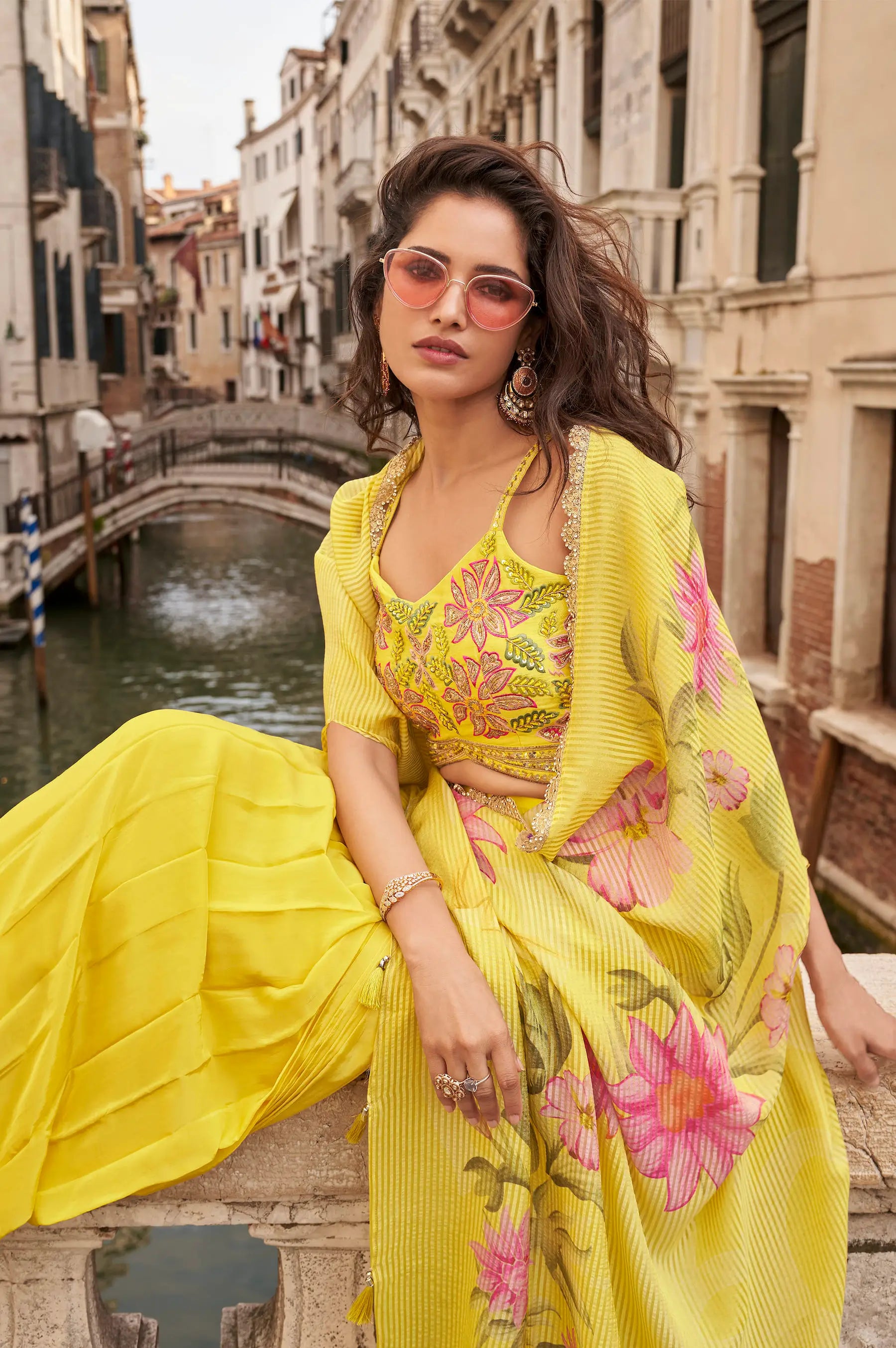 Lemon Yellow Embroidered Indo Western Set