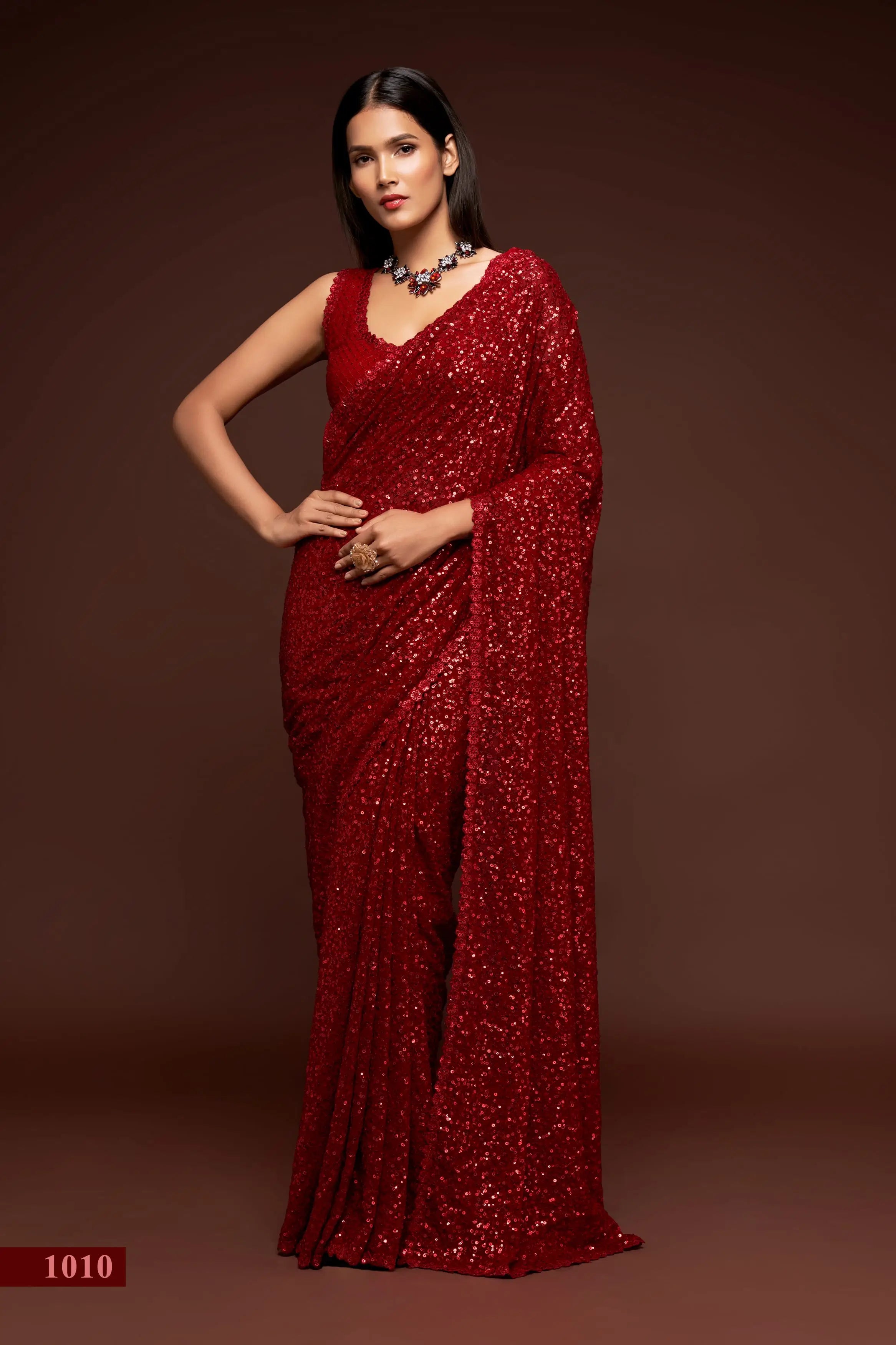 Ruby Red Georgette Saree with Thread And Multiple Sequins Embroidery Work - qivii