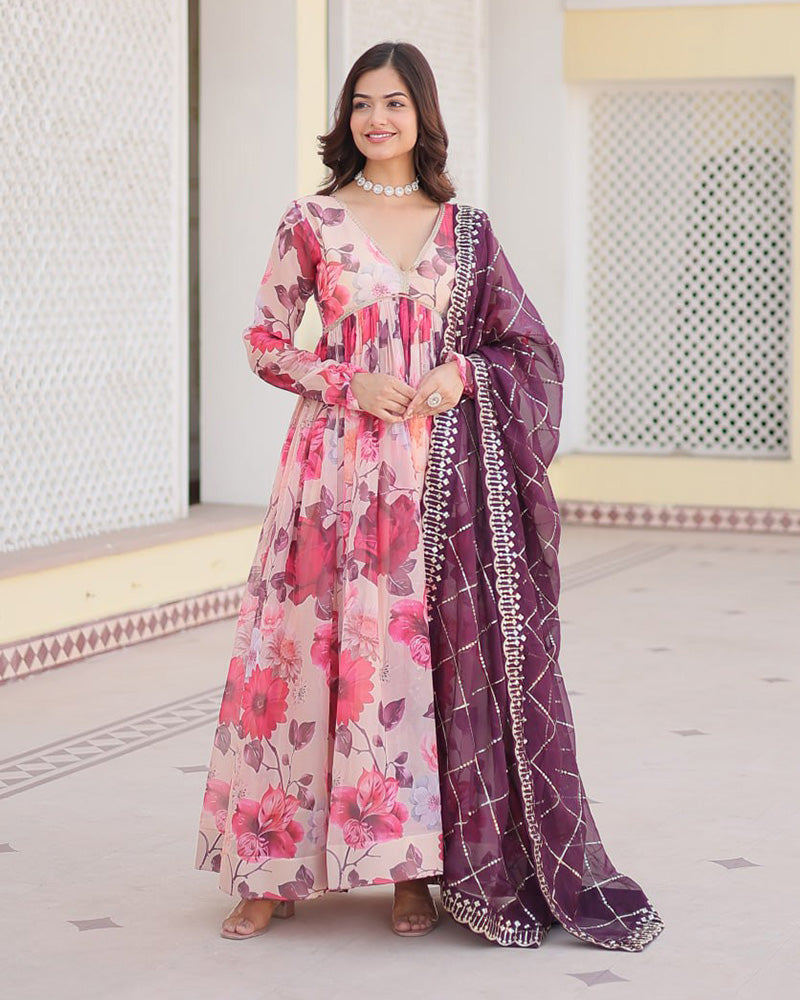 Purple-Pink Color Floral Embroidered Alia Cut Gown With Dupatta  - By Qivii