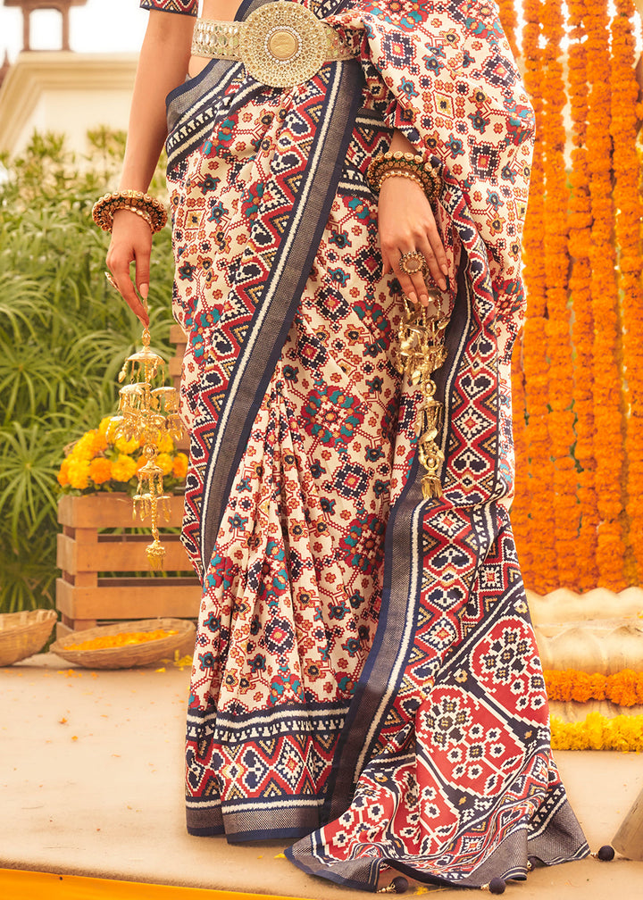 White & Grey Patola Printed Sik Saree