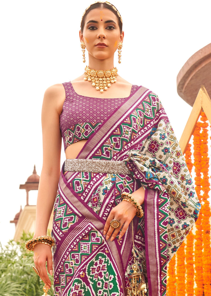 White & Purple Patola Printed Sik Saree