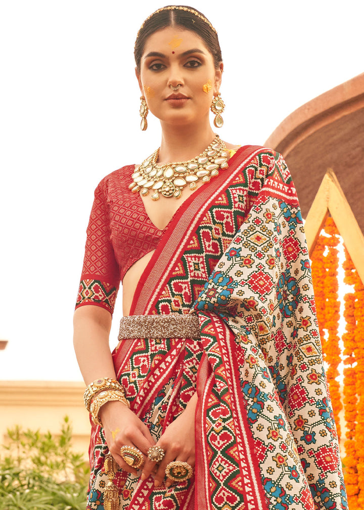 White & Red Patola Printed Sik Saree