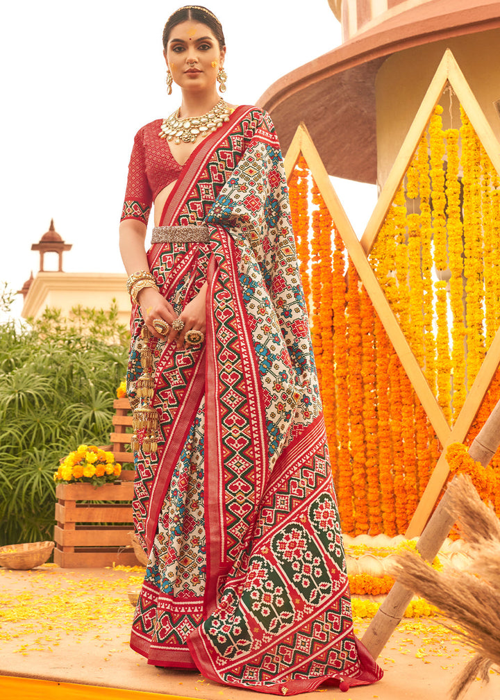 White & Red Patola Printed Sik Saree