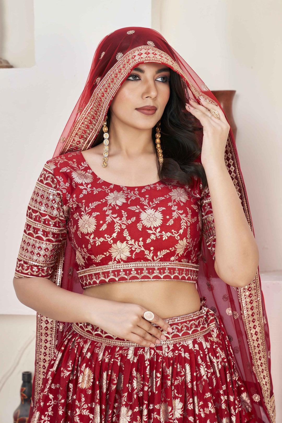 Beautiful Red Zari Work Jacquard Reception Wear Lehenga Choli