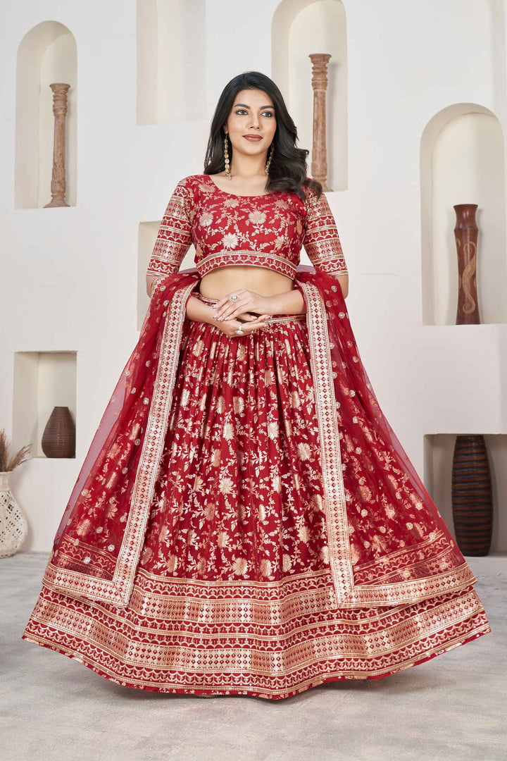 Beautiful Red Zari Work Jacquard Reception Wear Lehenga Choli