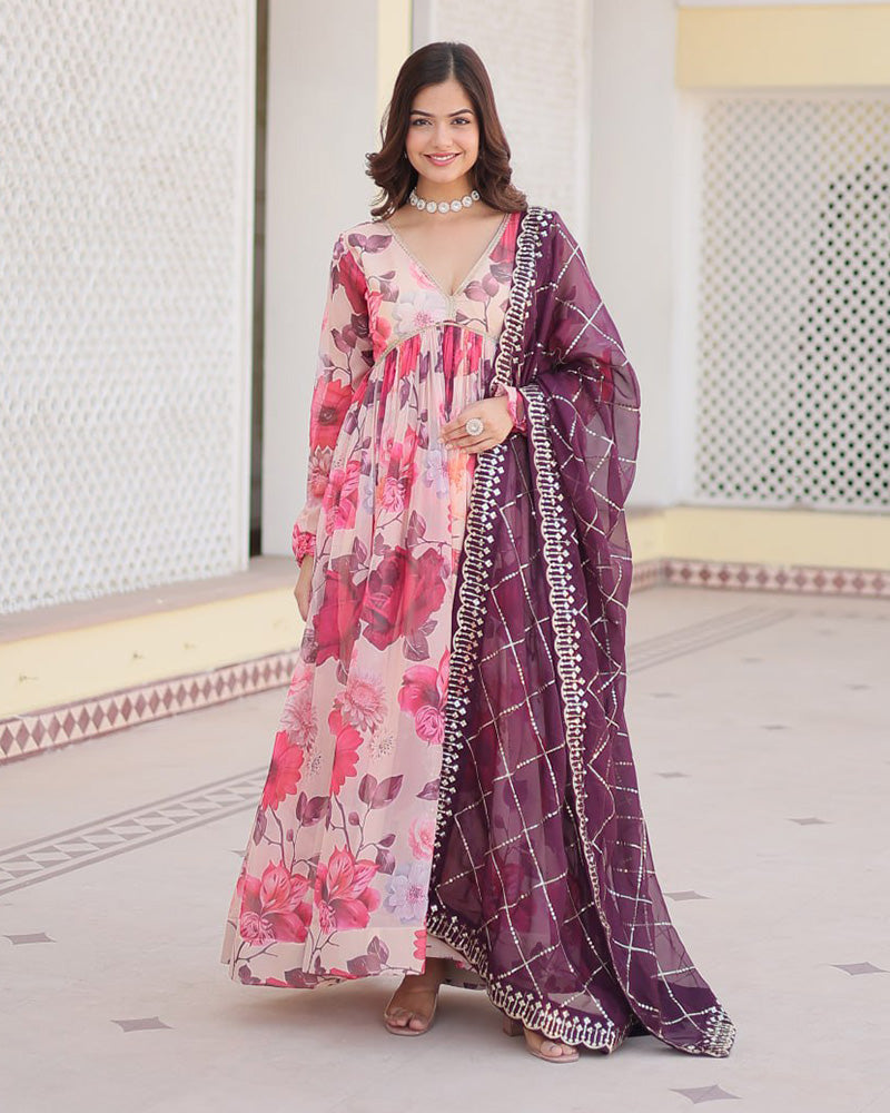 Purple-Pink Color Floral Embroidered Alia Cut Gown With Dupatta  - By Qivii