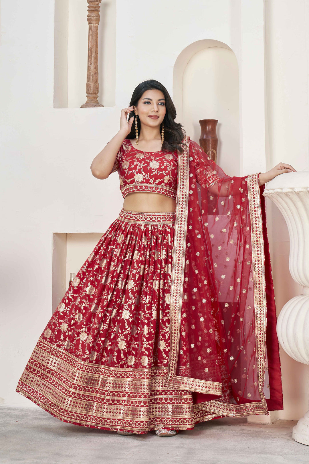 Beautiful Red Zari Work Jacquard Reception Wear Lehenga Choli