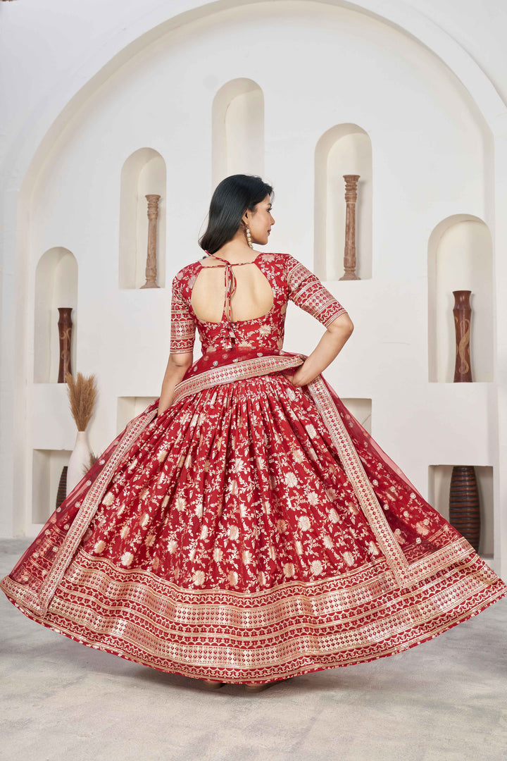 Beautiful Red Zari Work Jacquard Reception Wear Lehenga Choli