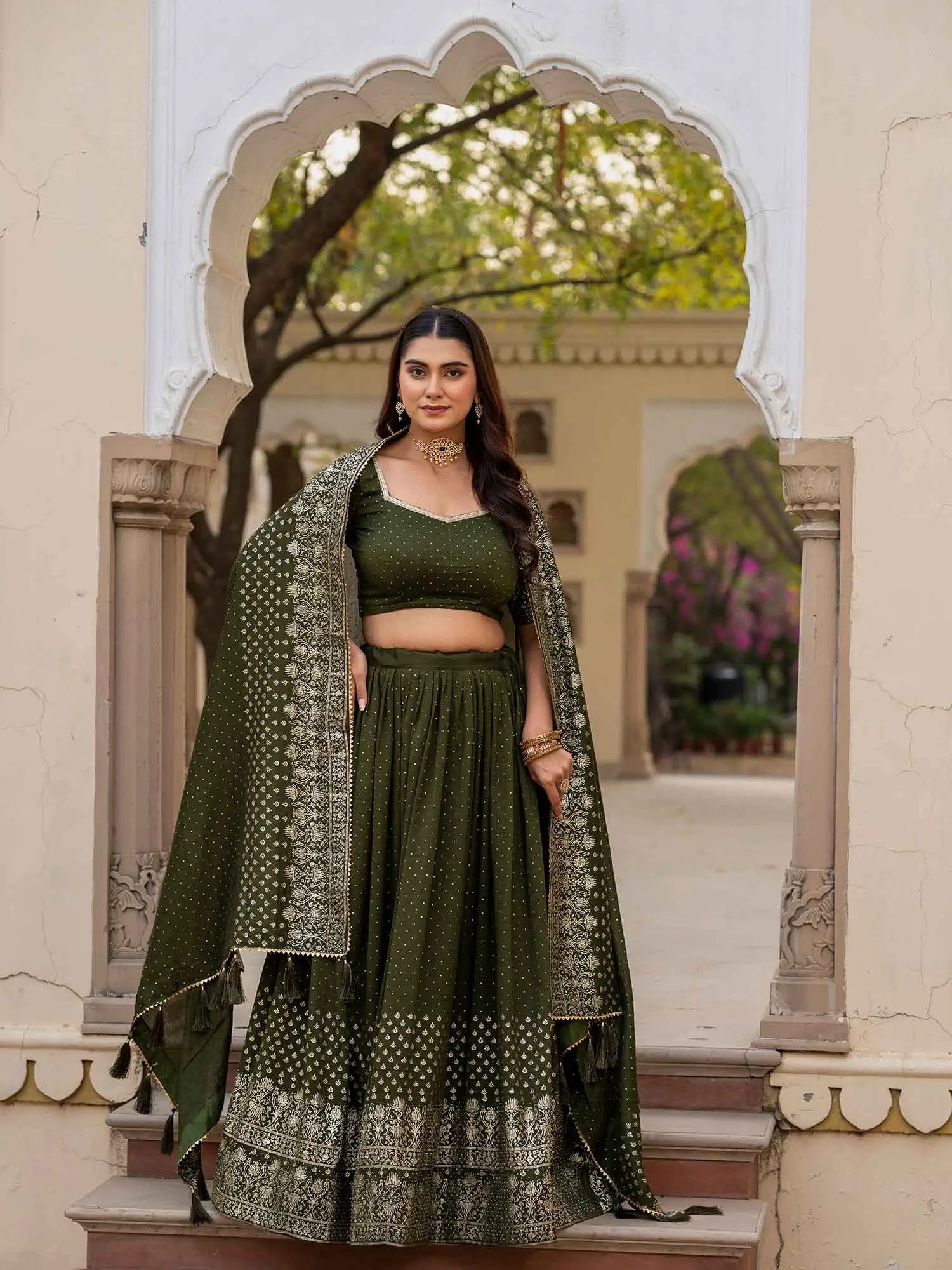 Mehndi Lehenga With Foil Print & Swarovski