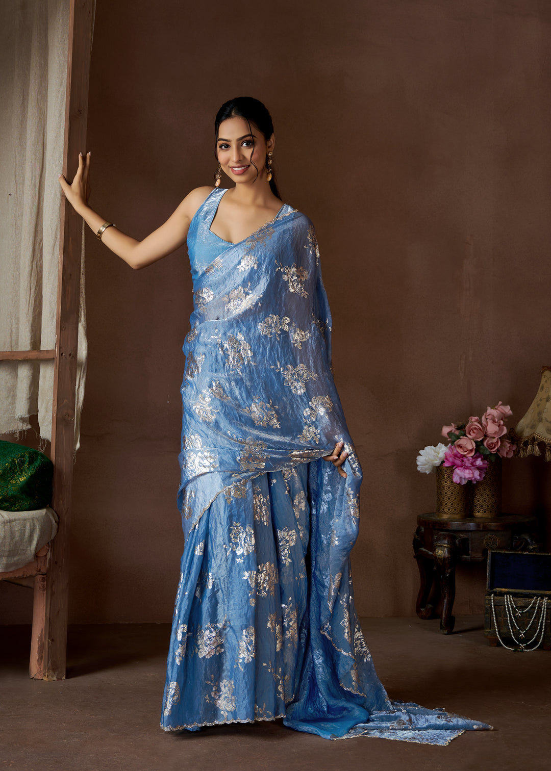 Blue Satin Silk With Zarkan work border, all over Saree Beutifull Foil Print Or Handwork