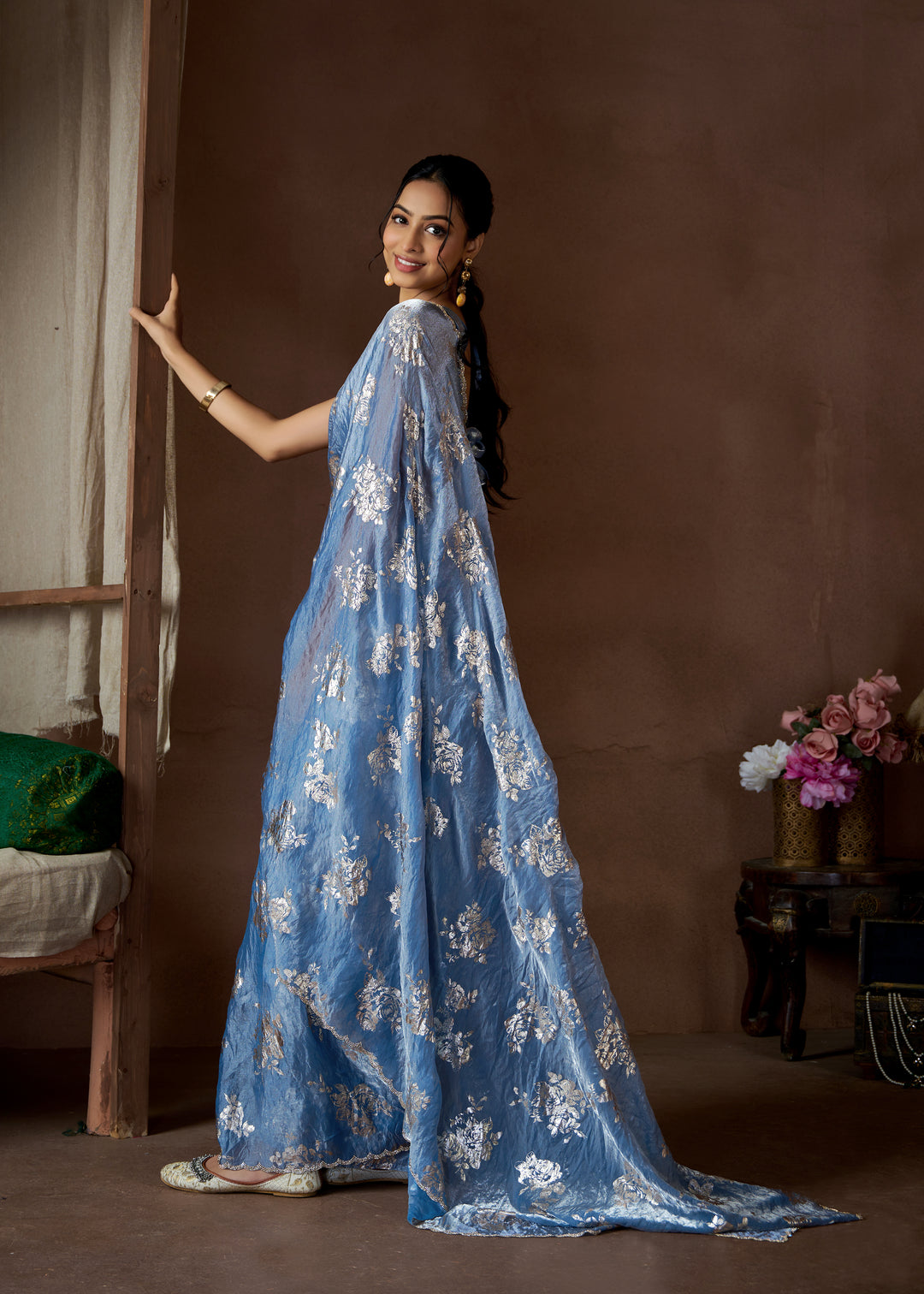 Blue Satin Silk With Zarkan work border, all over Saree Beutifull Foil Print Or Handwork