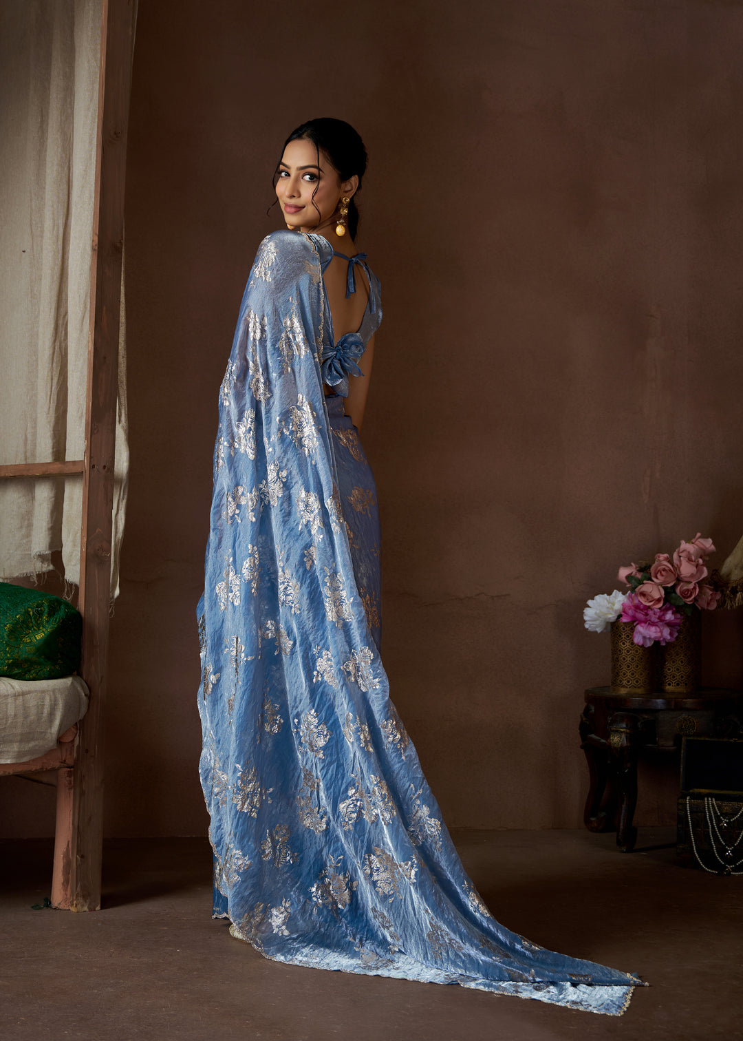 Blue Satin Silk With Zarkan work border, all over Saree Beutifull Foil Print Or Handwork