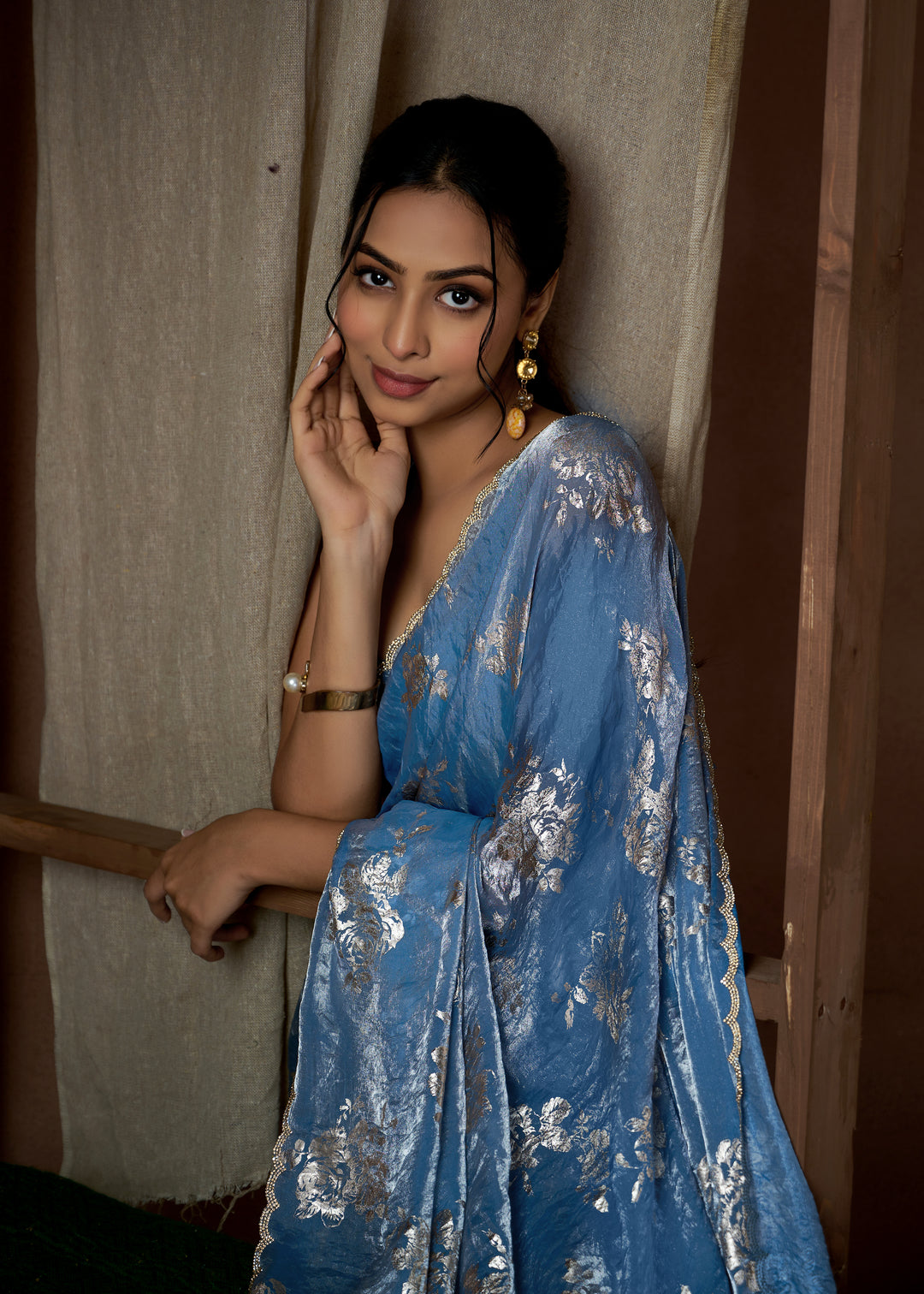 Blue Satin Silk With Zarkan work border, all over Saree Beutifull Foil Print Or Handwork