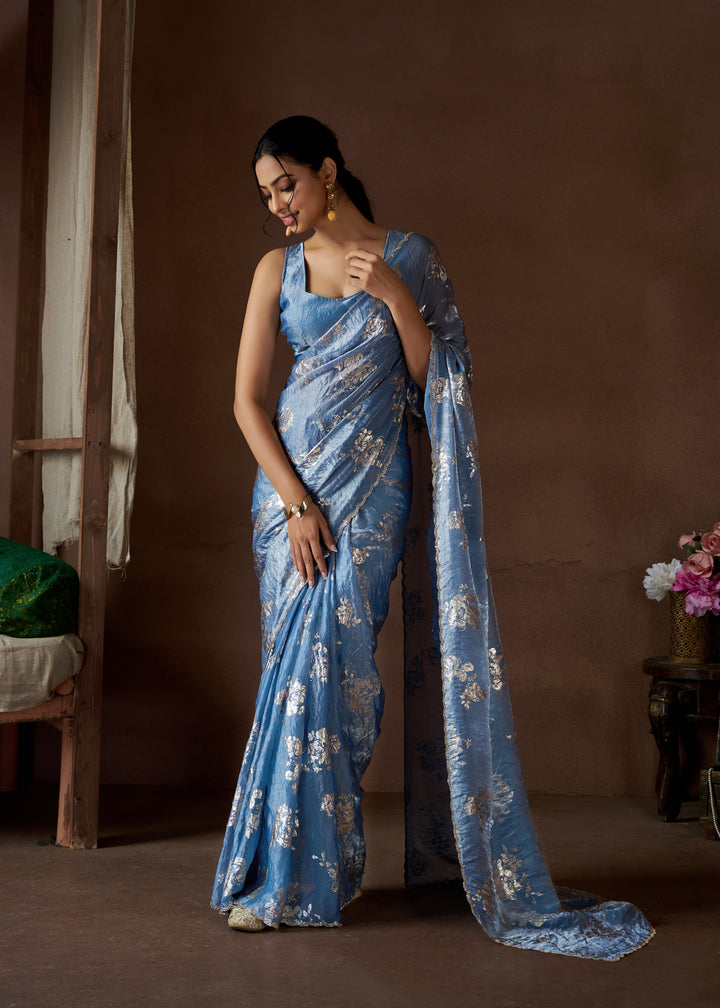 Blue Satin Silk With Zarkan work border, all over Saree Beutifull Foil Print Or Handwork