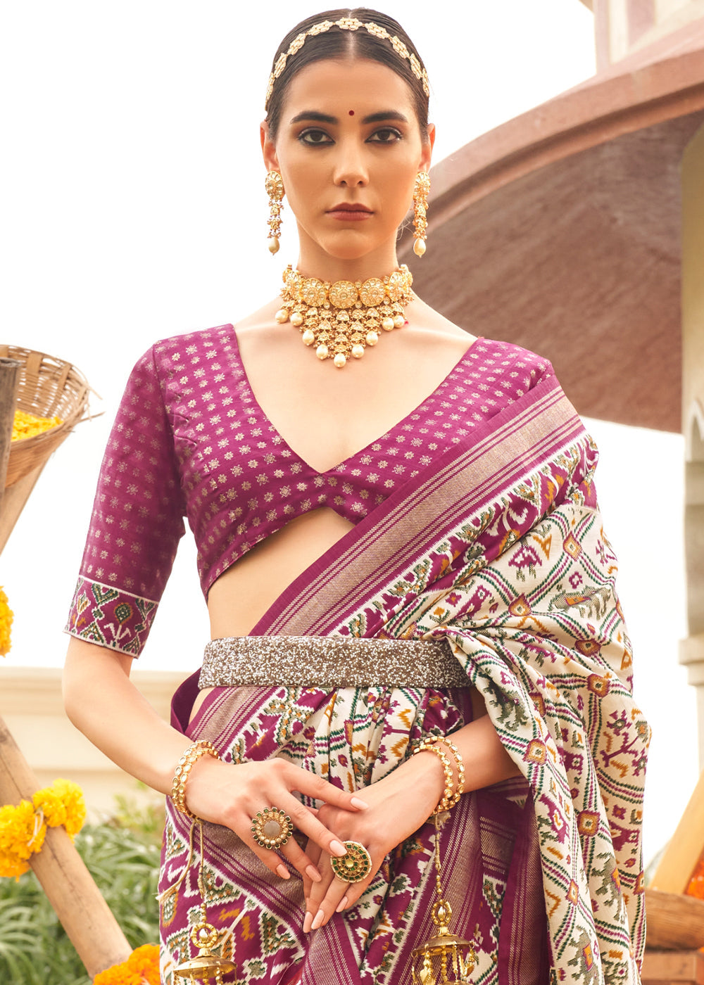 White & Purple Patola Printed Sik Saree