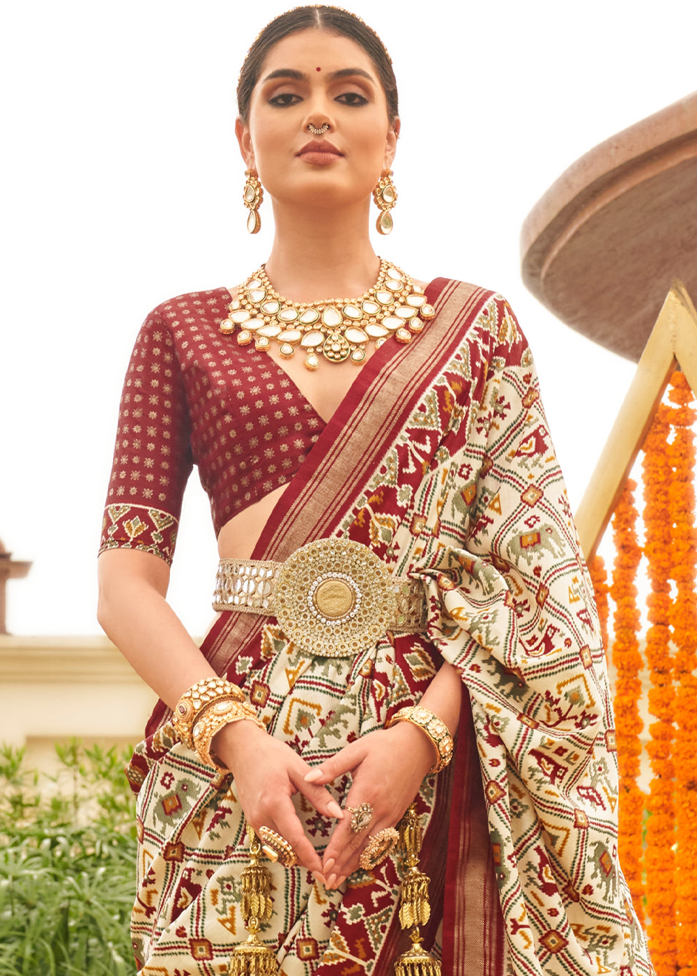 White & Brown Patola Printed Sik Saree